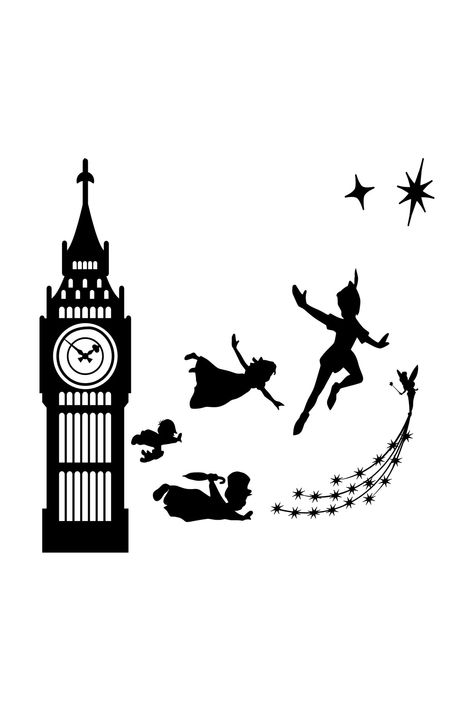 Peter Pan Flying Over London, Peter Pan Clipart, Peter Pan Silhouette Flying, Peter And Tinkerbell, Tinkerbell Flying, Big Ben Tattoo, Neverland Tattoo, Peter Pan Svg, Peter Pan Play