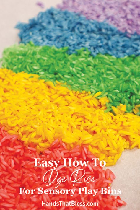 Easy How To Dye Rice for Sensory Play Bins - Hands That Bless Dyeing Rice For Sensory Bins, How To Color Rice, How To Dye Rice For Sensory Play, How To Color Rice For Sensory Bin, How To Dye Rice, Rainbow Rice Sensory Bin, Dye Rice, Dyed Rice, Color Rice