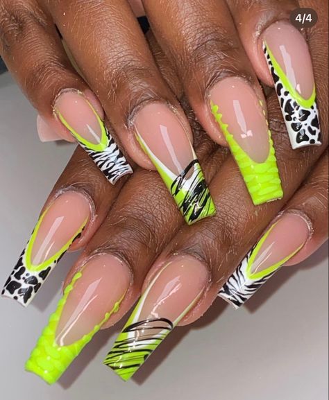 Green Nail Inspo For My Money Loving Babes 🍀 Square Nail Designs Colorful, Lime Nails Ideas, Yellow Green Nails Design, Hot Green Nails, Free Style Nail Designs, Green And Orange Nail Designs, Comic Nails Designs, Lime Green Nail Designs, Hunter Green Nails Design