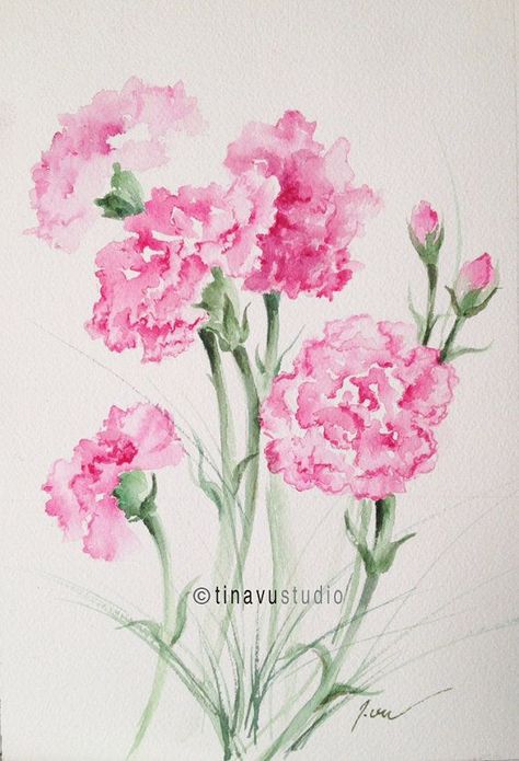 January Watercolor, Flowers Watercolor Paintings, Original Flowers, Pink Flower Painting, January Birthday, Pink Carnations, Carnation Flower, Watercolor Flower Art, 수채화 그림