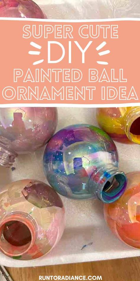 These homemade ornaments could not be easier to make or provide a cuter result! Great for kids, girls' night, or anything in between - all you need is some colorful paints, clear ornament balls, and some creative flair for beautiful marbled painted ornaments! Diy Bulb Ornaments For Kids, Paint In Clear Ornaments Glass Ball, Kids Ornament Craft Clear Ball, Clear Globe Ornament Ideas, Paint Ornament Balls, How To Paint Inside Of Plastic Ornaments, Clear Christmas Ball Ornament Ideas Diy For Kids Craft, Diy Clear Ornament Ideas For Kids, Paint Inside Ornaments Diy