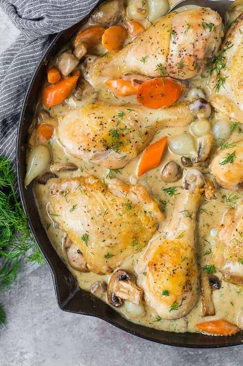 Turkey Fricassee Recipe, Chicken Fricasse Recipe, Chicken Marsala Pasta, Chicken Carrots, Chicken Fricassee, Pan Chicken Recipes, Pearl Onions, Chicken Marsala, Pan Chicken