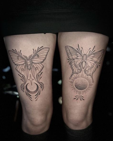 Mirrored Tattoos For Women, Knee Tattoo Pair, Arm Tattoo Plus Size Women, Tattoo Ideas Calf Female, Butterfly And Moth Tattoo Above Knee, Women Knee Tattoo Ideas, Matching Calf Tattoos For Women, 111 Butterfly Tattoo, Moth Knee Bend Tattoo