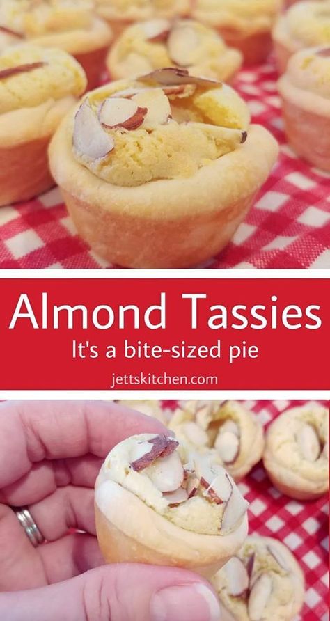 Almond Tassies; Miniature Holiday Pies Almond Tassies Tart Recipes, Tassies Recipe Christmas, Pecan Tassies Recipe, Pecan Tassie Recipe, Tassies Recipe, Tiny Desserts, Bite Size Pies, Almond Tarts, Cookbook Inspiration