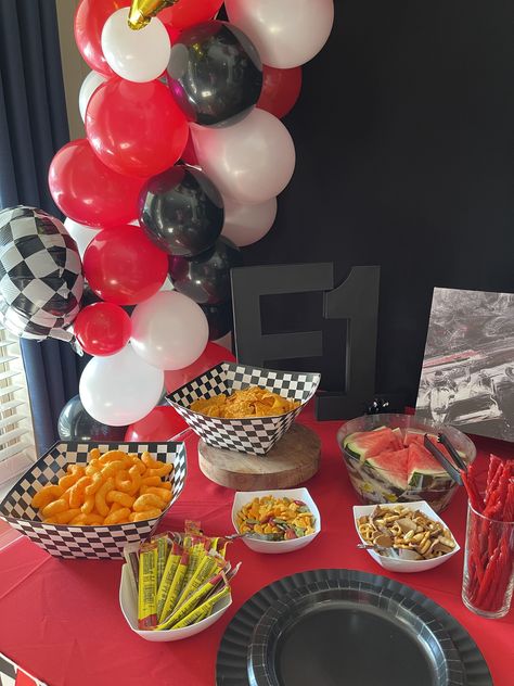 F1 Birthday Party Ideas Mercedes, F1 Party Aesthetic, F1 Watch Party, Ferrari Birthday Party Ideas, F1 Themed Party, F1 Birthday Party, F1 Party Ideas, Formula 1 Party, F1 Birthday