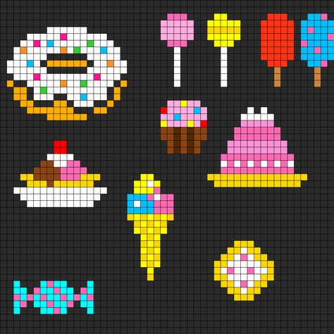 Food Candy Cross Stitch Pattern, Candy Perler Bead Patterns, Perler Bead Food Patterns, Hama Beads Food, Pixel Art Birthday, Candy Pixel Art, Birthday Pixel Art, Cake Pixel Art, Pixel Candy