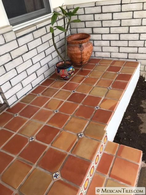 Mexican Tile - 11½ x 11½ Sealed Super Saltillo Floor Tile - Rounded Edges Saltillo Tile Patio, Saltillo Floor, Mexican Tile Floor, Saltillo Tile, Patio Tiles, Mexican Tile, Industrial Flooring, Tower House, Hacienda Style