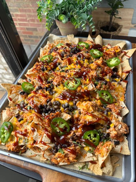 BBQ Chicken Nachos - Choosing Balance Nachos Dinner Meals, Bbq Nachos Recipe Chicken, Nachos Recipe Chicken, Grilled Chicken Nachos, Bbq Nachos Recipe, Bbq Chicken Nachos Recipe, Bbq Nachos, Bbq Chicken Nachos, Oven Baked Bbq Chicken