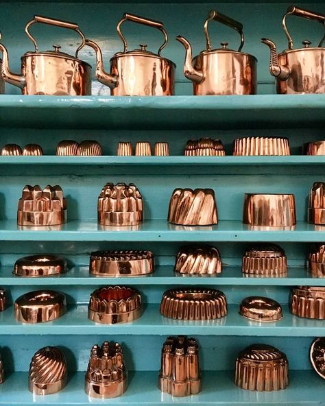 Copper pots & Jello mold collection #copperpots #kitchencollection #vintagepots Copper Pot Display Interior Design, Copper Molds Display Kitchens, Hanging Pot Rack Copper, Copper Pots And Pans, Copper Molds, Copper Bakeware, Durham England, Wicker Rocking Chair, Jello Mold