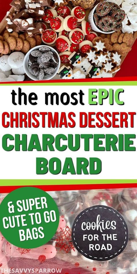 Need easy Christmas party dessert ideas? Make a fun Christmas cookie charcuterie board using all store-bought Christmas treats! Learn how to create an epic dessert charcuterie board and get ideas for what to put on it. Plus, grab the printable labels I used to create super cute to go bags for Christmas cookies! Great Christmas party favors for your guests! Christmas Dessert Charcuterie, Christmas Dessert Charcuterie Board, Christmas Dessert Platter, Party Dessert Ideas, Christmas Dessert Tray, Dessert Charcuterie Board, Christmas Party Snacks, Christmas Desserts Party, Dessert Charcuterie