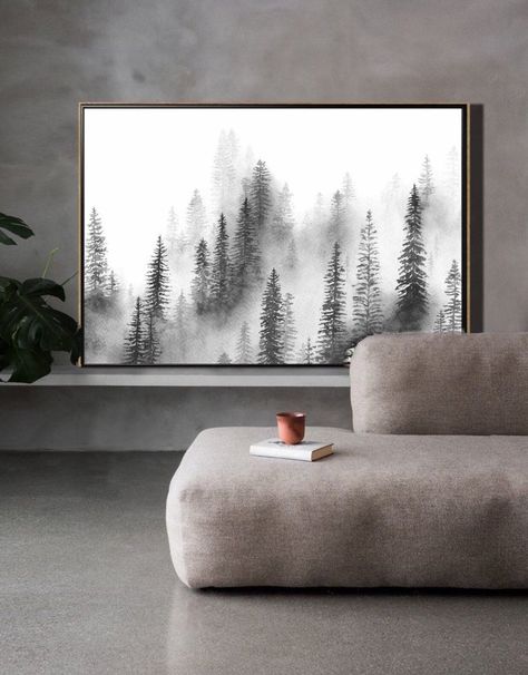 Black And White Pine Tree Art, Tree Painting Black And White, Pine Tree Artwork, Foggy Tree Painting, Black And White Scenery Painting, Black And White Forest Painting, Misty Trees Painting, Black And White Tree Painting, Black Tree Painting