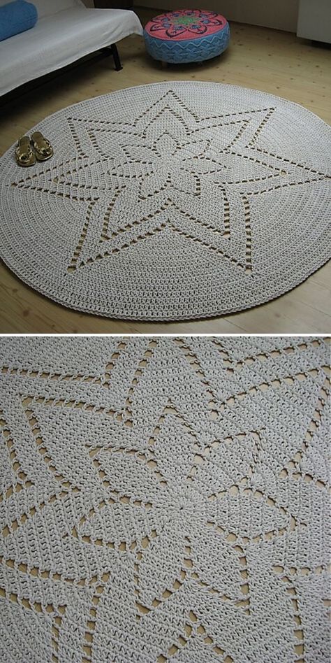 Beautiful Comfortable Crochet Rugs. This pretty crochet pattern in the pictures below was made by Magic Carpet Studio and it produces a round carpet that is approximately 170 cm in diameter. It's worked in a spiral, so you don't have to worry about that ugly seam that appears at the beginning / ending of the round.  #freecrochetpattern #blanket #throw Easy Crochet Rug Patterns, Crochet Rug Patterns Free, Poncho Patterns, Crochet Doily Rug, Retro Revival, Crochet Carpet, Crochet Rug Patterns, Easy Crochet Baby, Trendy Crochet