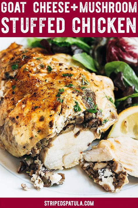 These baked Stuffed Chicken Breasts with mushrooms and goat cheese are one of my favorite dinner recipes. Easy to make for a weeknight dinner, and elegant enough for guests! #chickenrecipes #mushrooms #goatcheese #dinnerrecipes #dinnerideas Goat Cheese Stuffed Chicken Breast, Easter Main Dishes, Baked Stuffed Chicken, Goat Cheese Stuffed Chicken, Bread Stuffing, Stuffed Chicken Breasts, Stuffed Chicken Breast, Cheese Stuffed Chicken, Chicken Recipes Video