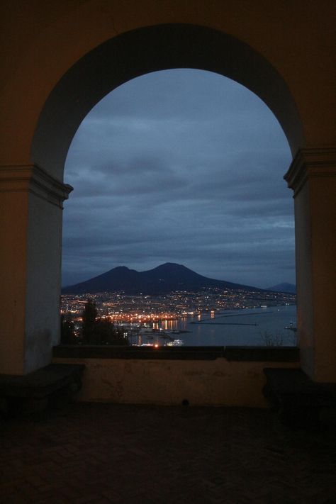 National Museum of San Martino, Naples.  View of the bay of Naples and Mt. Vesuvius at night from the Prior’s private loggia. Bay Of Naples Italy, Naples Italy Aesthetic, Naples Italy Photography, Naples Aesthetic, Italy At Night Wallpaper, Italy Night Aesthetic, Museum At Night, Italy Museum, Italy At Night