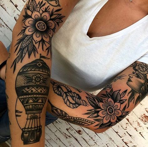 Traditional Tattoo Of A Woman, Traditional Style Tattoo Sleeve Women, Traditional Writing Tattoo, Traditional Sleeve Women, Traditional Black Sleeve, American Traditional Tattoos Women Black, Traditional Tattoo Sleeves, American Traditional Drawing, American Traditional Sleeve Woman