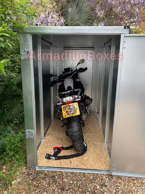 BMW 1250 in an ArmadilloBoxes secure motorcycle shed Motorcycle Shed Ideas, Motorcycle Storage Garage, Motorcycle Shed, Motorbike Shed, Motorbike Storage, Motorcycle Storage Shed, Outdoor Bike Storage, Motorcycle Storage, Diy Motorcycle