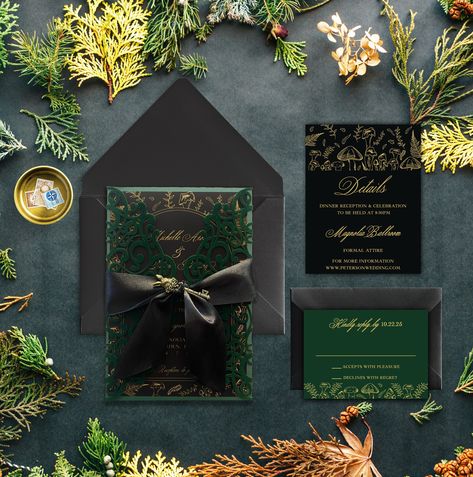 Forest Wedding Invitation | Woodsy Dark Forest Wedding Invitation|Dark Moody Mushroom Invitation << Invitation includes>> - Printed invitation card - Green velvet laser cut gatefold  - Black satin ribbon - Matte black invitation envelopes - Assorted vintage keys  *(Invitation will have varied keys. Key designs shown in photo are not guaranteed)* - Full Service Assembly: All invitations will be fully assembled and individually inspected before we ship them out to you! *Matching Rsvp cards and Det Forest Theme Wedding Invitations, Mushroom Invitation, Dark Forest Wedding, Forest Wedding Invitation, Whimsical Wedding Invitations, Forest Wedding Invitations, Groomsmen Invitation, Forest Theme Wedding, Scotland Wedding