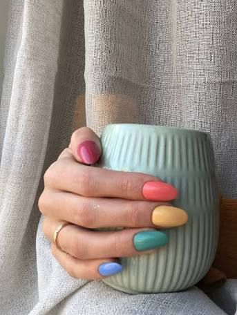 14 Easy Nail Art Designs You Can Definitely Do at Home — See Photos, Product Recommendations | Allure Fall Rainbow Nail Colors, Multi Colored Ombre Nails, Colorful Nail Polish, Three Colour Nails, Matte Rainbow Nails, Muted Rainbow Nails, Cute Nail Color Combos, Gel Nails Multicolor, Fall Rainbow Nails