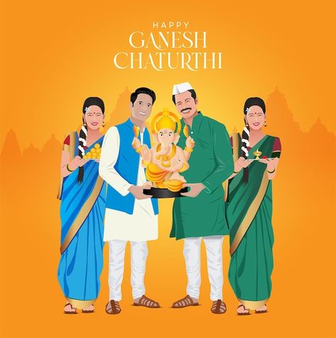 Marathi couple with lord ganesh murt | Premium Vector #Freepik #vector #god-ganesha #lord-ganesha #indian-god #ganpati Ganesh Chaturthi Illustration, Ganesh Chaturthi Card, Marathi Couple, Happy Ganesh Chaturthi Wishes, Memory Drawing, Facebook Cover Design, Card Poster, Happy Ganesh Chaturthi, Hindu Festivals