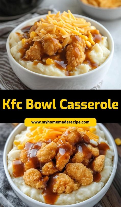 This KFC Bowl Casserole is a hearty and comforting dish inspired by the famous KFC bowl! Layers of chicken, mashed potatoes, corn, and cheese make for a delicious family meal. Kfc Bowl Casserole, Mashed Potatoes Dinner Meals, Corn And Cheese, Alfredo Sauce Recipe Homemade, Chicken Mashed Potatoes, Chicken Bowl Recipe, Homemade Cookbook, Potato Dinner, Delicious Family Meals