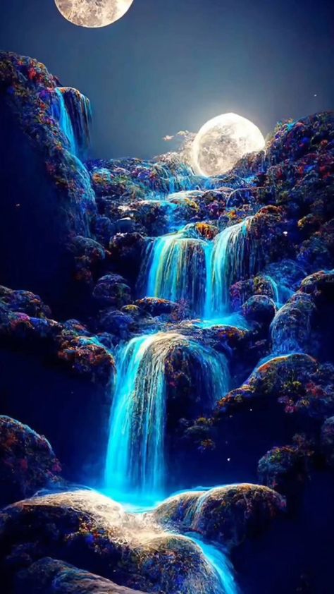 Magic Places Fantasy Dreams, Katt Grejer, Waterfall Scenery, Waterfall Wallpaper, Waterfall Paintings, Night Landscape, Small Canvas Art, Beautiful Locations Nature, Beautiful Landscape Wallpaper