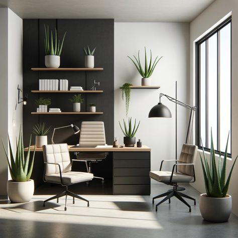 Moody Office Inspiration Modern, Modern Industrial Office Space, Space Color Scheme, Zen Office Space, Hallway Desk, Gray Room Ideas, Office Home Design, Gray Interior Design, Grey Office Desk