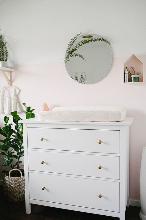 Change knobs on Ikea dresser for changing table Blush girls nursery | Wedding & Party Ideas | 100 Layer Cake Modern Girl Nursery, Baby Room Closet, Changing Tables, Ikea Dresser, Nursery Modern, Boho Deco, Baby Tips, Baby Bedroom