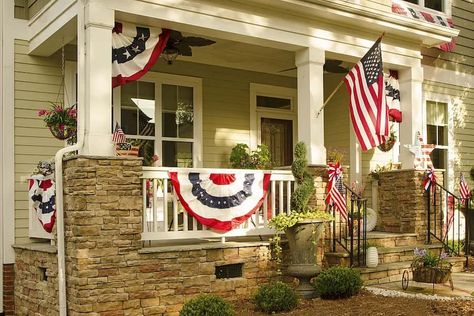 Fourth Of July Bunting, American Flag Bunting, Patriotic Porch, Patriotic Bunting, Veterans Discounts, Floating Decorations, Patriotic Bows, Home Warranty, Home Repairs