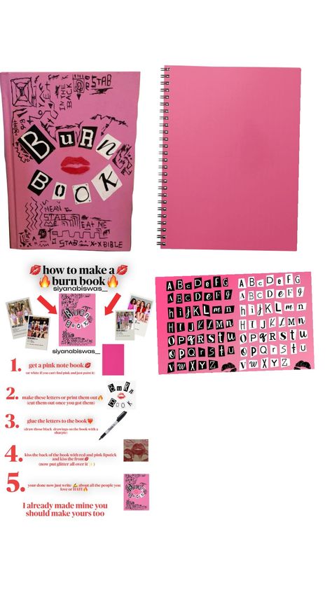 burn book ideas Burn Book Cover Ideas, Making A Burn Book, How To Make A Burn Book, Burn Book Ideas, Burn Book Ideas Pages, Slam Book, Mean Girls Burn Book, Book Themed Party, Burn Book