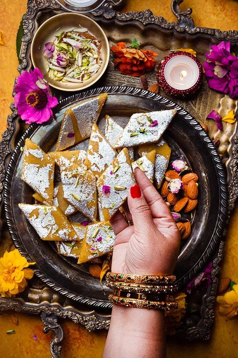 Kesar Badam Katli - Binjal's VEG Kitchen Badam Katli, Yellow Foods, Symbol Of Love, Indian Sweet, Cardamom Powder, Dried Rose Petals, Ground Almonds, Silicone Spatula, Clarified Butter