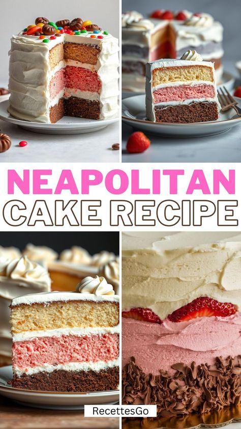 Neapolitan Cake Recipe Neopolitan Cake, Neapolitan Cake, Easy Homemade Desserts, Chocolate And Strawberry, Decadent Chocolate Cake, Strawberry Chocolate, Classic Cake, Vanilla Chocolate, Vanilla Buttercream