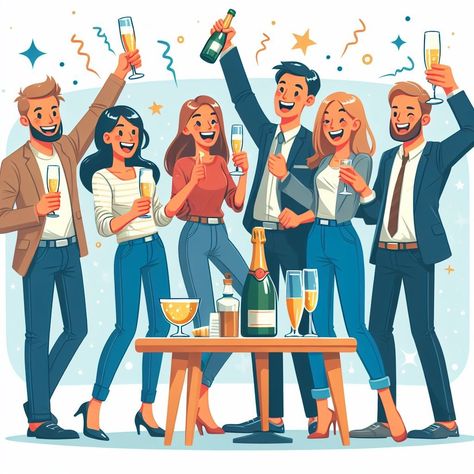 The image is a cartoon illustration of a group of people celebrating with drinks. There are five people in the image, all of whom are standing and holding glasses of champagne or beer. The people are clinking their glasses together in a toast. There is a bottle of champagne on the table in front of them. The people are all smiling and laughing, and they look like they are having a lot of fun. The background is a light blue color, and there are some stars and confetti floating around. People Celebrating Illustration, Party Scene Drawing, Happy People Photography, Monochromatic Illustration, Cartoon Map, People Celebrating, Smile Drawing, Hand Clipart