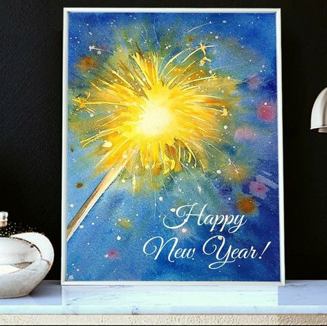 Sparklers Fireworks, New Year's Drawings, New Year Illustration, Facebook Cover Images, Happy New Year Cards, Kids Watercolor, Easy Watercolor, New Year Card, Watercolor Print