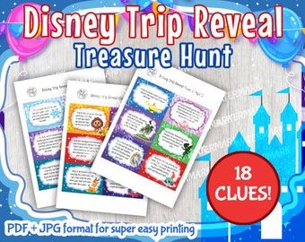 Trip Reveal Scavenger Hunt, Disney Trip Reveal, Disney Reveal, Treasure Hunt Clues, Scavenger Hunt Clues, Disney World Planning, Disneyland Trip, Christmas Travel, Reveal Ideas