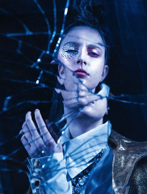 Vision by Attila Udvardi #fashion #editorial #portret #beauty Halloween Editorial Photography, Broken Glass Photography, Halloween Fashion Editorial, Mirror Editorial, Glass Photoshoot, Halloween Editorial, Glass Breaking, Mirror Photography, A Level Photography