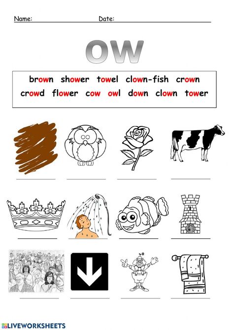 Phonics - ow - Interactive worksheet Ow Phonics Worksheets, Ow Words Phonics, Ow Worksheets Free, Ow Sound Worksheet, Ow Words Worksheet, Ow Sound, Long Vowel Worksheets, Phonics Worksheets Free, Grade Three