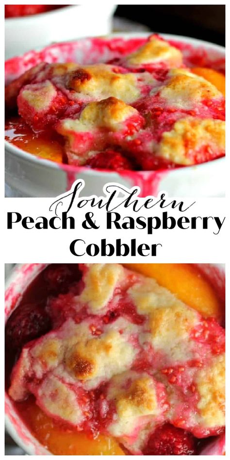 Southern Peach & Raspberry Cobbler {for 2} - This simple cobbler has a tender, cake-like biscuit top and features juicy, plump raspberries and sweet peaches.  It's sooo delicious and scrumptious! Peach And Raspberry Cobbler, Juicy Peach Raspberry Cake, Peach And Raspberry Recipes, Cobbler For 2, Rasberry Cobbler, Peach Raspberry Cobbler, Raspberry Cobbler Recipe, Fresh Strawberry Cobbler, Random Desserts