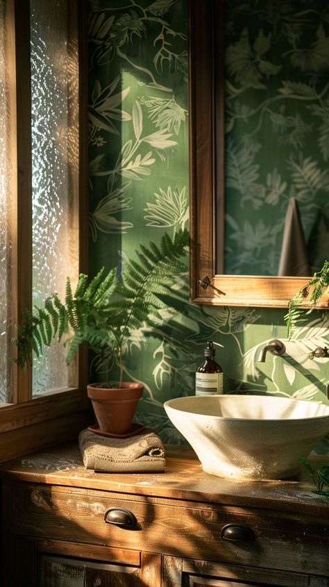 15 Stunning Bathroom Wallpaper Trends To Try Now - Planted Shack Jungle Wallpaper Toilet, Bohemian Bathroom Wallpaper, Wallpaper Behind Mirror In Bathroom, Cuban Bathroom, Jungle Wallpaper Bathroom, Bathroom Wallpaper Trends, Wallpaper Toilet, Inviting Bathroom, Cream Bedroom Ideas