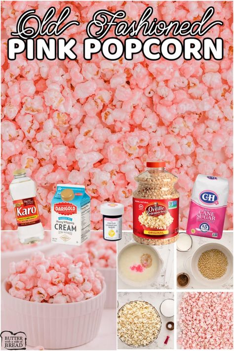 How To Make Pink Popcorn Recipes, Wrights Pink Popcorn Recipe, Pink Popcorn Recipe Easy, Popcorn Baby Shower Ideas, Pink Snacks For Party Food Ideas, Pink Treats For Party, Pink Snacks For Party, Barbie Recipes, Pink Treat Table