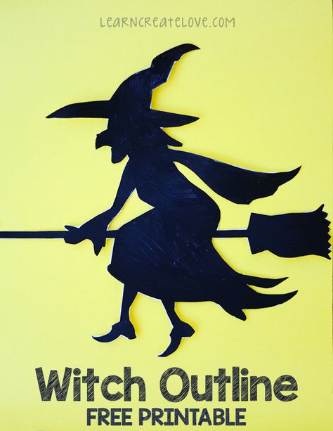 Flying Witch Printable Outline | LearnCreateLove Free Halloween Silhouette Printables, Witch Silhouette Templates Free, Witch Templates Free Printable, Witch Sillouhette, Free Witchy Printables, Witch Silhouette Templates, Witch Outline, Witch Template, Flying Witch Silhouette