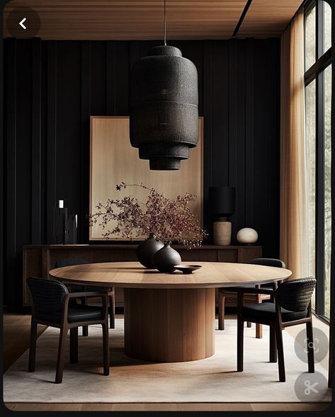 Black And Brown Modern House, Dark Academia Organic Modern, Moody Modern Dining Room, Moody Japandi, Asian Zen Interior Design, Black Japandi, Dark Scandinavian Interior, Black Room Design, Moody Dining Room