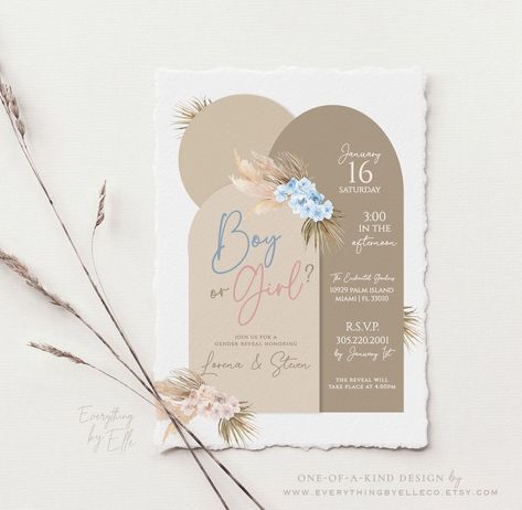 Boho Gender Reveal Invitations, Gender Reveal Themes Invitations, Gender Reveal Details, Digital Gender Reveal Invitation, Boho Theme Gender Reveal, Gender Reveal Ideas Boho, Neutral Color Gender Reveal, Boho Gender Reveal Ideas, Gender Reveal Invitation Ideas