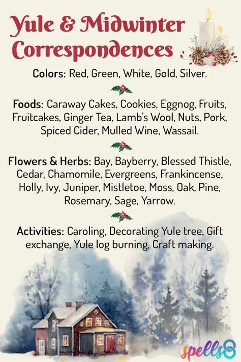 List of Yule correspondences Yule Colors, Yule Correspondences, Celebrate Yule, Yule Traditions, Yule Celebration, Winter Solstice Celebration, Pagan Yule, Wiccan Sabbats, Old English Words