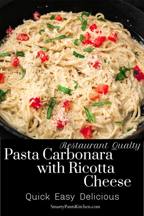 Pasta Carbonara nestled in creamy Ricotta cheese....perfect anytime!  #Italianrecipes #pastacarbonara #pastarecipes Crockpot Pasta With Ricotta, Ricatto Cheese Pasta Recipes, Dinners With Ricotta Cheese, Noodles With Ricotta Cheese, Dinner Recipes With Ricotta Cheese, Recipes That Use Ricotta Cheese, Riccota Cheese Pasta, Riccota Cheese Recipes Dinners, Pasta Recipes With Ricotta Cheese