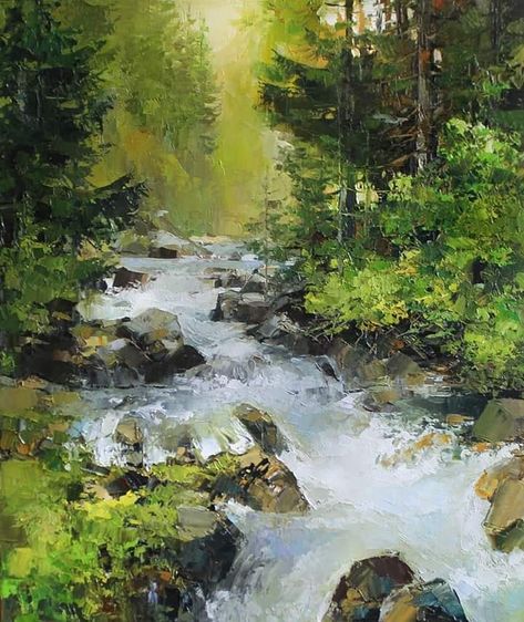 Artist : Viktor Zhmak - #viktorzhmak Waterfall Paintings, Watercolor Trees, Cool Landscapes, Plein Air Paintings, Water Painting, Pastel Art, Nature Paintings, Pastel Painting, Oil Painting Landscape