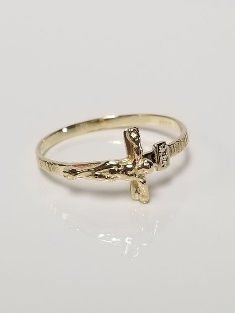 "Thanks for shopping our vintage estate store. We tend to sell well below wholesale and truly hope you enjoy all of our items. Many of the items are one of a kind, so please enjoy scrolling through the pictures and hopefully something will catch your eye. Brown spots are from camera. Nice estate 10k yellow gold Jesus Christ cross baptism ring. Ring Size: 6.25  Setting: 3/8\" 8mm Band width: 1.5mm Weight: .94 gram Nice ring. Marked 10k. As with most estate items there may be some wear on the item. We do not sell new items, nor to we charge new retail prices." Catholic Jewelry Rings, Catholic Rings For Women, Jesus Ring, Christ On The Cross, Jesus Christ Cross, Christ Cross, Pretty Jewelry Necklaces, Catholic Jewelry, Jewelry Accessories Ideas