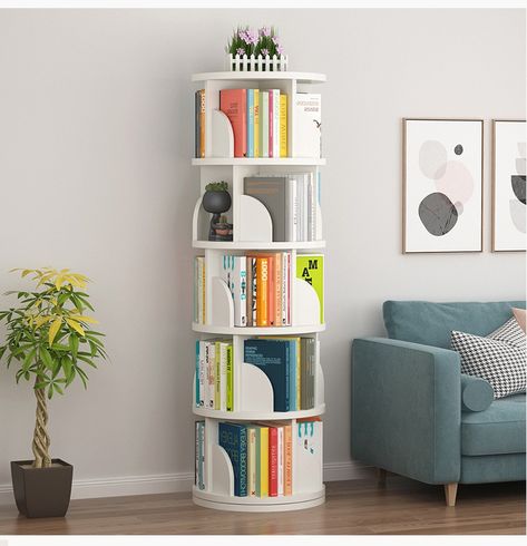 Rotating Bookcase, Bookshelves For Small Spaces, Rotating Bookshelf, Narrow Bookshelf, Diy Highlights, Revolving Bookcase, Corner Bookshelf, Stackable Shelves, Contemporary Bookcase