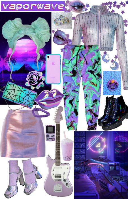 Synthwave Style Clothes, Vapour Wave Aesthetic Outfit, Vaporwave Aesthetic Clothes, 80s Synthwave Aesthetic Outfit, Retrowave Aesthetic Outfits, Vaporwave Clothing Aesthetic, Synthwave Aesthetic Fashion, Acidwave Outfit, Hyper Pop Aesthetic Outfit