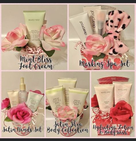 Mary Kay Holiday Gift Ideas 2023, Mary Kay Gift Basket Ideas, Diy Makeup Gift Basket, Mary Kay Display, Mary Kay Games, Mary Kay Samples, Mary Kay Gift Sets, Mary Kay Hostess, Small Hostess Gifts