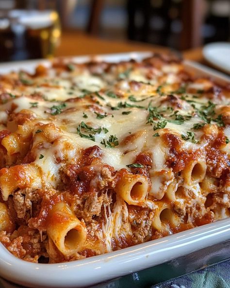 Traditional Family Dinner Recipes, Lasagna Style Baked Ziti, Baked Ziti Dutch Oven, Layered Baked Ziti, Pasta For 12 People, Baked Ziti Ground Turkey, Italian Meal For A Crowd, Bundt Pan Pasta Recipes, Small Batch Baked Ziti